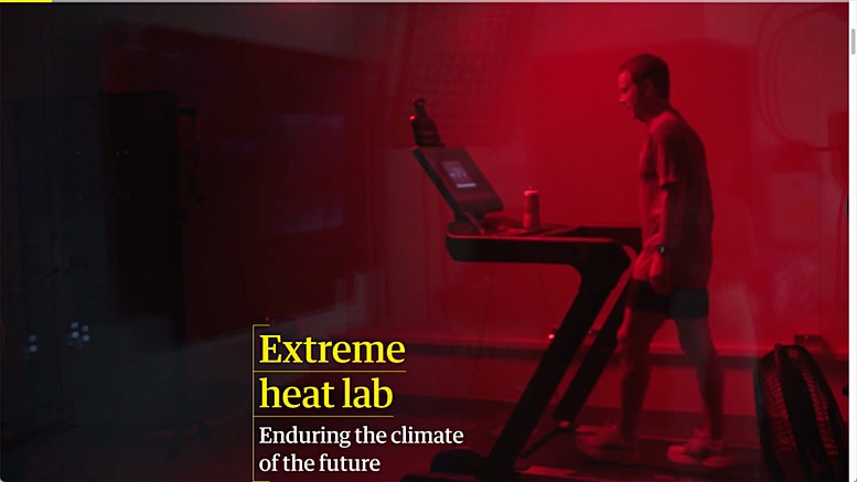 Graham Readfearn in the Heat and Health Research Centre A man is walking on a treadmill in a room that is shaded deep red from the glow of heat lamps.