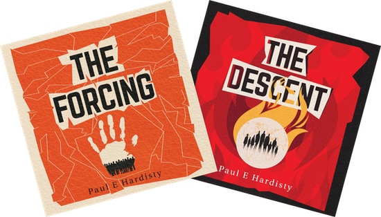 The Forcing and The Descent by Paul E. Hardisty The audiobook covers of The Forcing and The Descent by Paul E. Hardisty. The Forcing has a background of cracked orange over which the outline of pale tan hand is displayed. Within the hand can be seen the black outline of a large crowd of people. The Descent has a background of flames in hues or red to dark red over which a white circle is displayed with yellow flames risign from it, like a burning match head. Within the white circle is the black outline of a group of people, looking like four adults and five children.