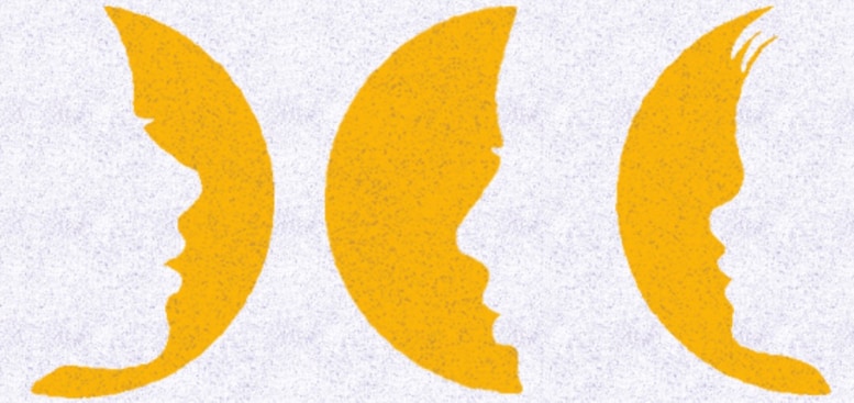 Detail from audiobook cover of Wandering Souls by Cecile Pin Three light orange partial moons, but in each can be seen the outline of a face: on the left, looking right is the oldest sibling and sister Anh; in the center, looking left, is the older brother, Minh; and on the right, also looking left, is the younger brother, Thanh.